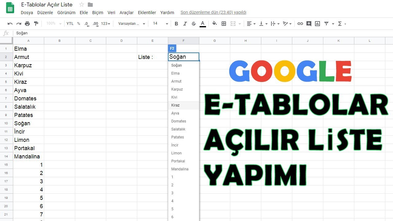 Google E-Tablolar Hücre İçerisine Açılır Liste Ekleme (Google Drive)