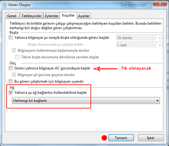 zamanlanmış görev Koşulları