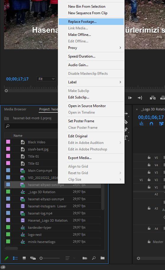 adobe premiere de timeline da video degistirmek