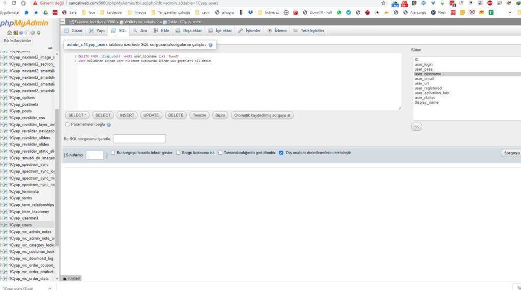 wordpresse kaydolan spam kullanicilari silmek msql sorgu phpmyadmin sorgu silme