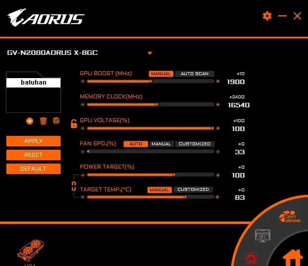 AORUS GeForce RTX™ 2080 8G kart ayarları. Mining ve Gaming modlar