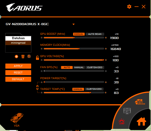 aorus geforce rtxx2122 2080 8g kart ayarlari mining ve gaming modlar 3