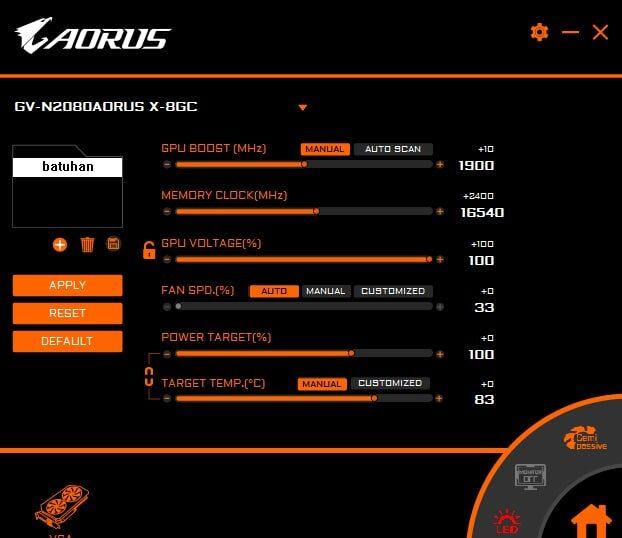 aorus geforce rtxx2122 2080 8g kart ayarlari mining ve gaming modlar
